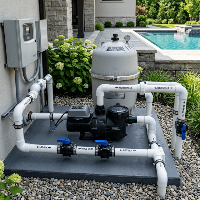 High-end professional pool equipment pad with variable speed pump and large filter tank